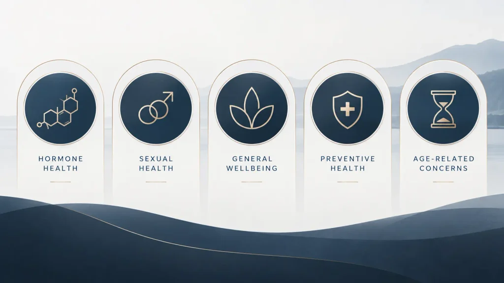 Infographic showing hormone health, sexual health, general wellbeing, preventive health and age-related concerns