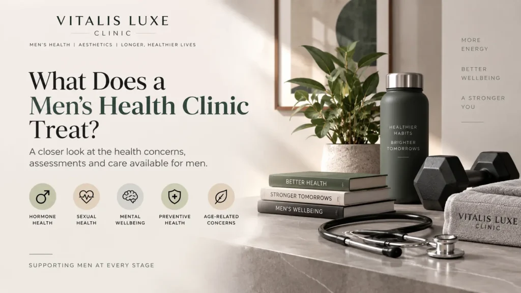 Men’s health clinic concept showing hormone health, sexual health, mental wellbeing, preventive health and age-related concerns
