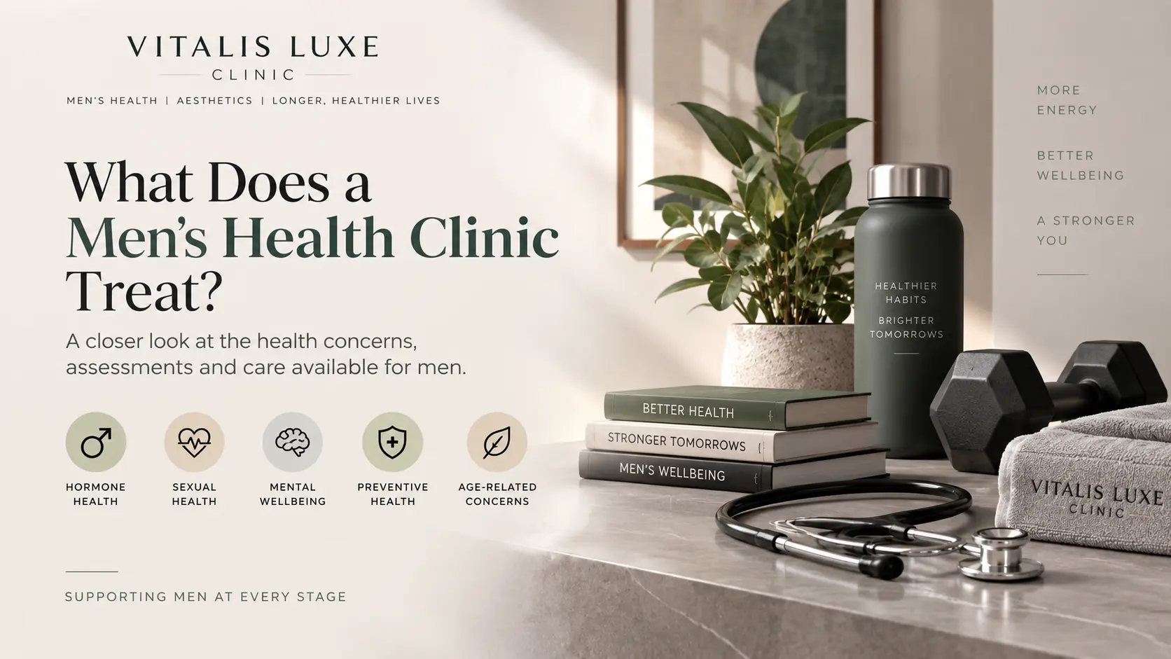 Men’s health clinic concept showing hormone health, sexual health, mental wellbeing, preventive health and age-related concerns