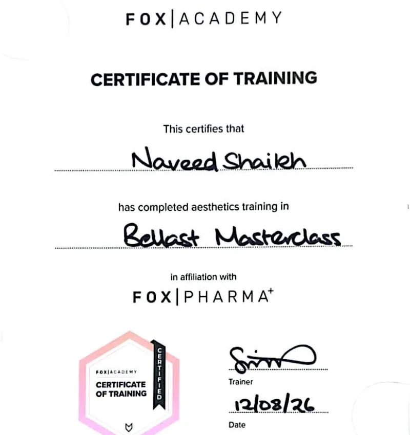 Dr Naveed Shaikh Fox Academy aesthetics training certificate